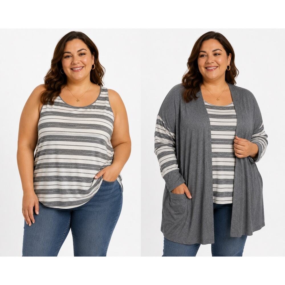 J Jill Pure Jill Cardigan Tank Top Set Grey Striped‎ Womens Plus Size 3x
